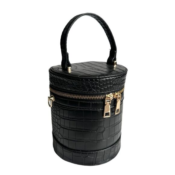 🔃Croc Embossed Black Cylinder Top Handle Crossbody Bucket Bag - Picture 3 of 10